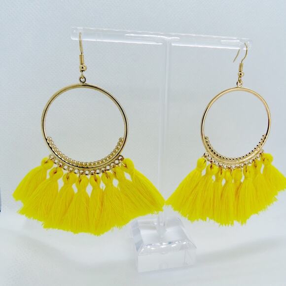 Francesca's Boho Mustard Yellow Tassel Hoop Earrings - Picture 2 of 4